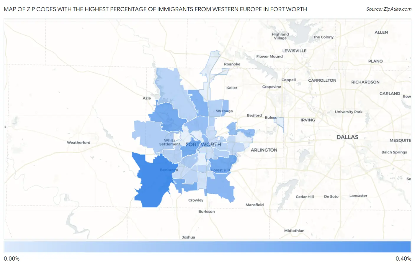 Zip Codes with the Highest Percentage of Immigrants from Western Europe in Fort Worth Map