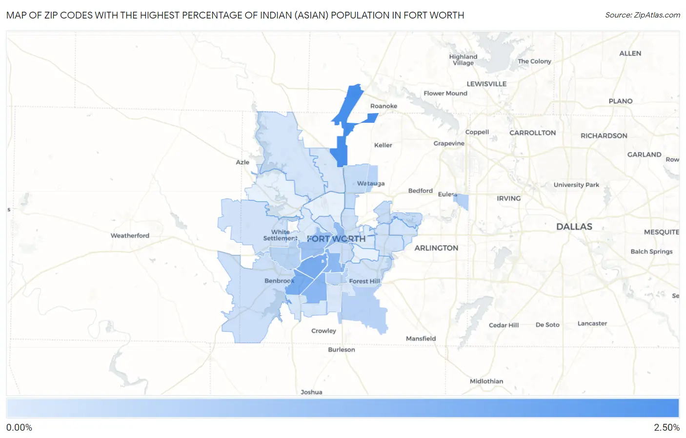 Zip Codes with the Highest Percentage of Indian (Asian) Population in Fort Worth Map