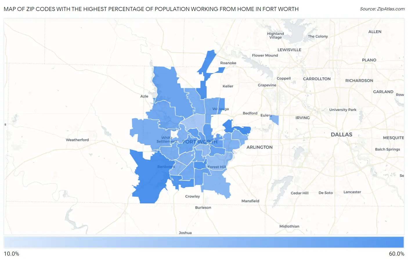 Zip Codes with the Highest Percentage of Population Working from Home in Fort Worth Map