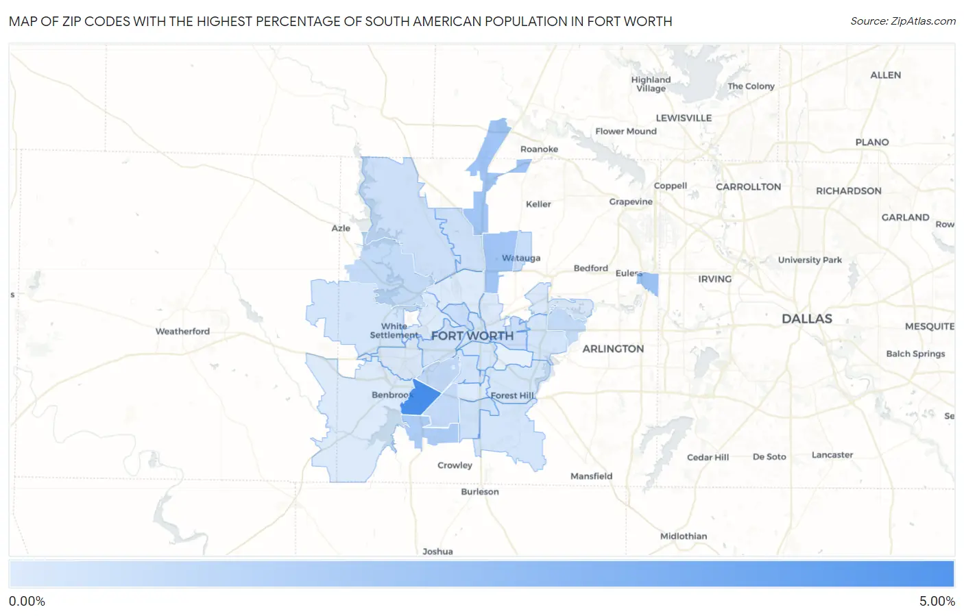 Zip Codes with the Highest Percentage of South American Population in Fort Worth Map