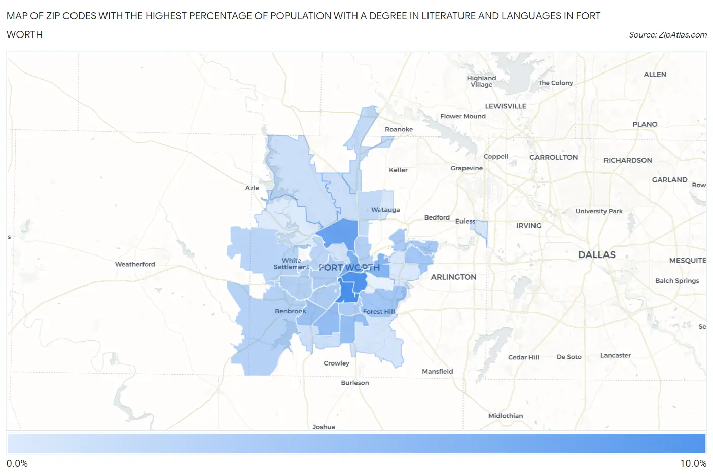 Zip Codes with the Highest Percentage of Population with a Degree in Literature and Languages in Fort Worth Map