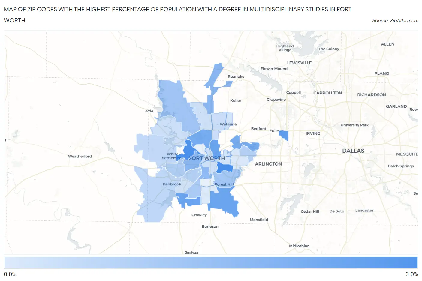 Zip Codes with the Highest Percentage of Population with a Degree in Multidisciplinary Studies in Fort Worth Map