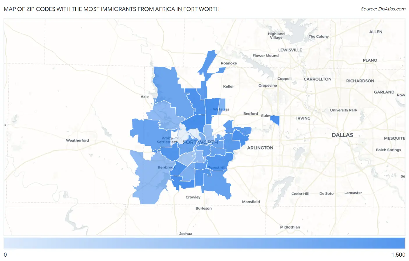 Zip Codes with the Most Immigrants from Africa in Fort Worth Map