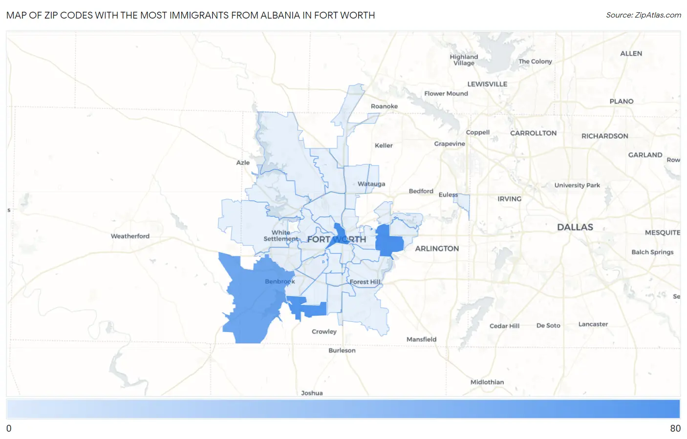 Zip Codes with the Most Immigrants from Albania in Fort Worth Map