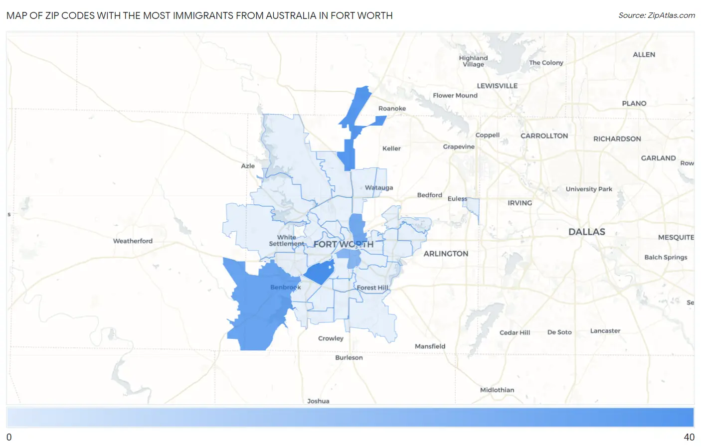 Zip Codes with the Most Immigrants from Australia in Fort Worth Map