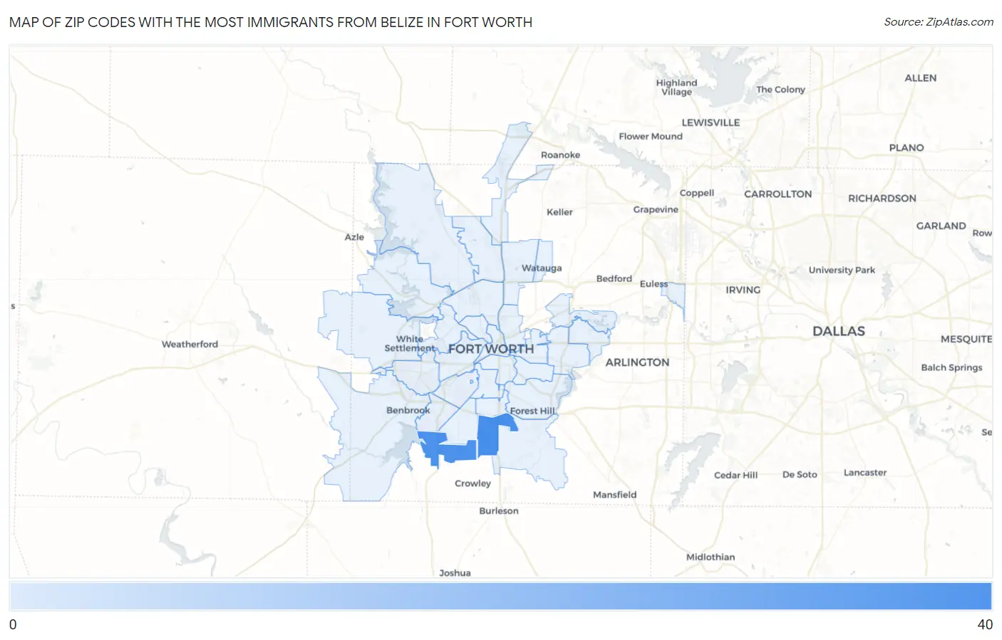 Zip Codes with the Most Immigrants from Belize in Fort Worth Map