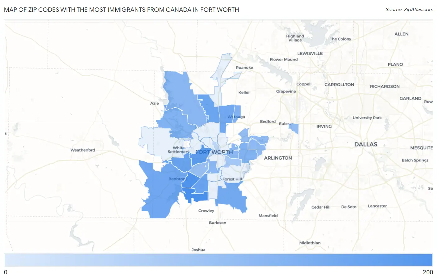 Zip Codes with the Most Immigrants from Canada in Fort Worth Map