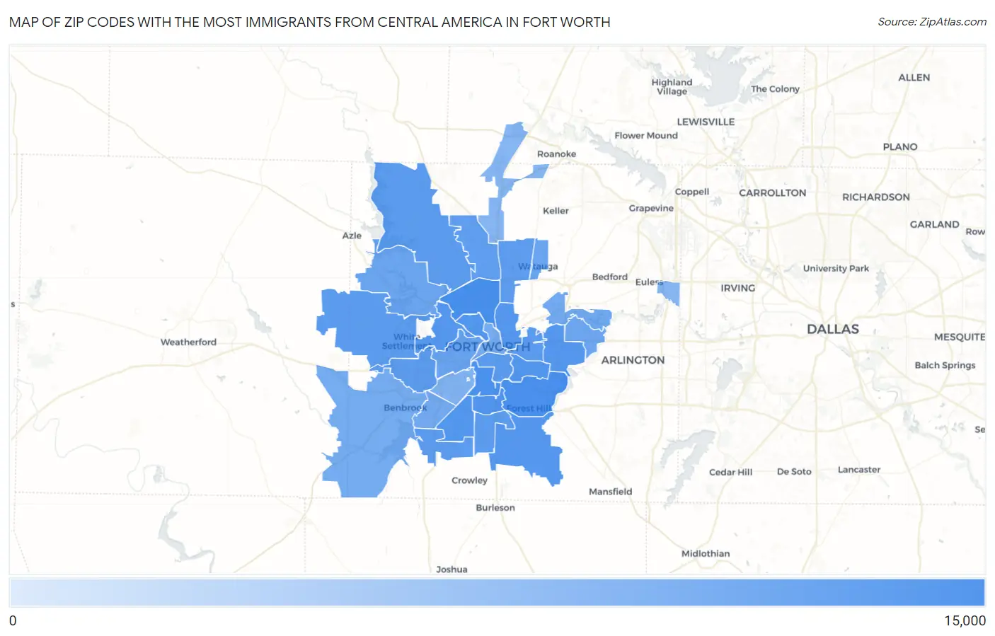 Zip Codes with the Most Immigrants from Central America in Fort Worth Map