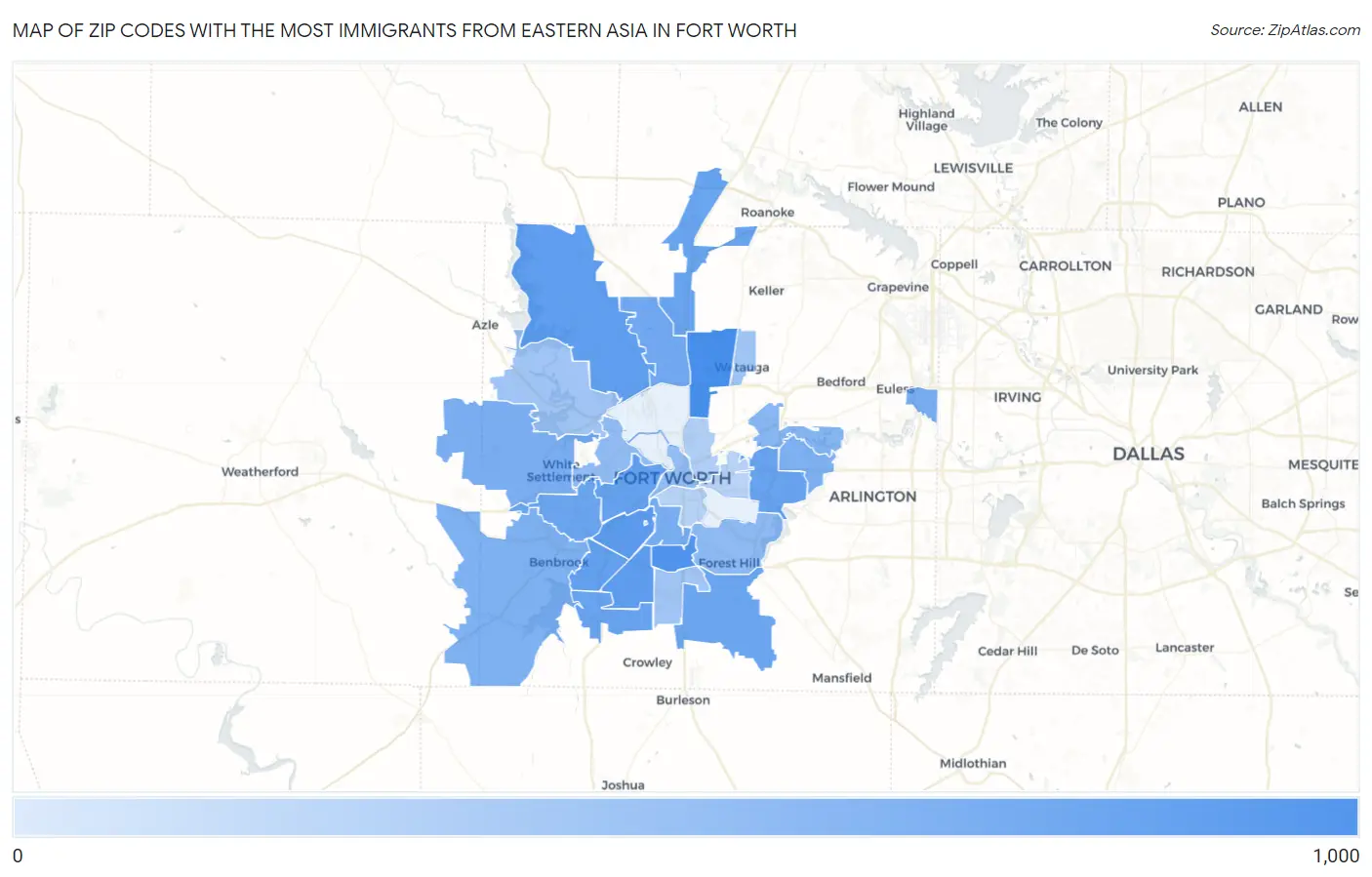 Zip Codes with the Most Immigrants from Eastern Asia in Fort Worth Map