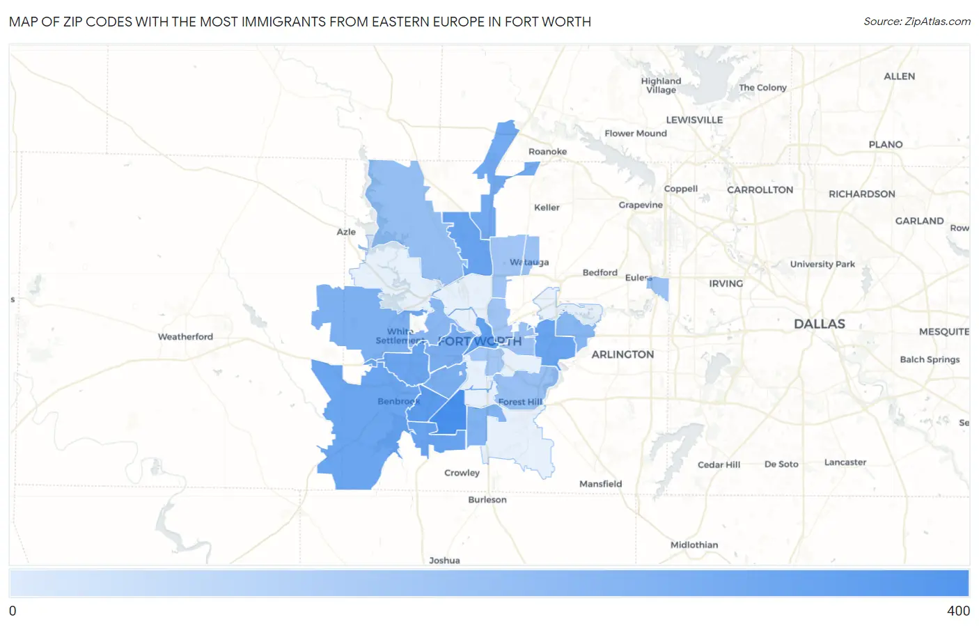 Zip Codes with the Most Immigrants from Eastern Europe in Fort Worth Map