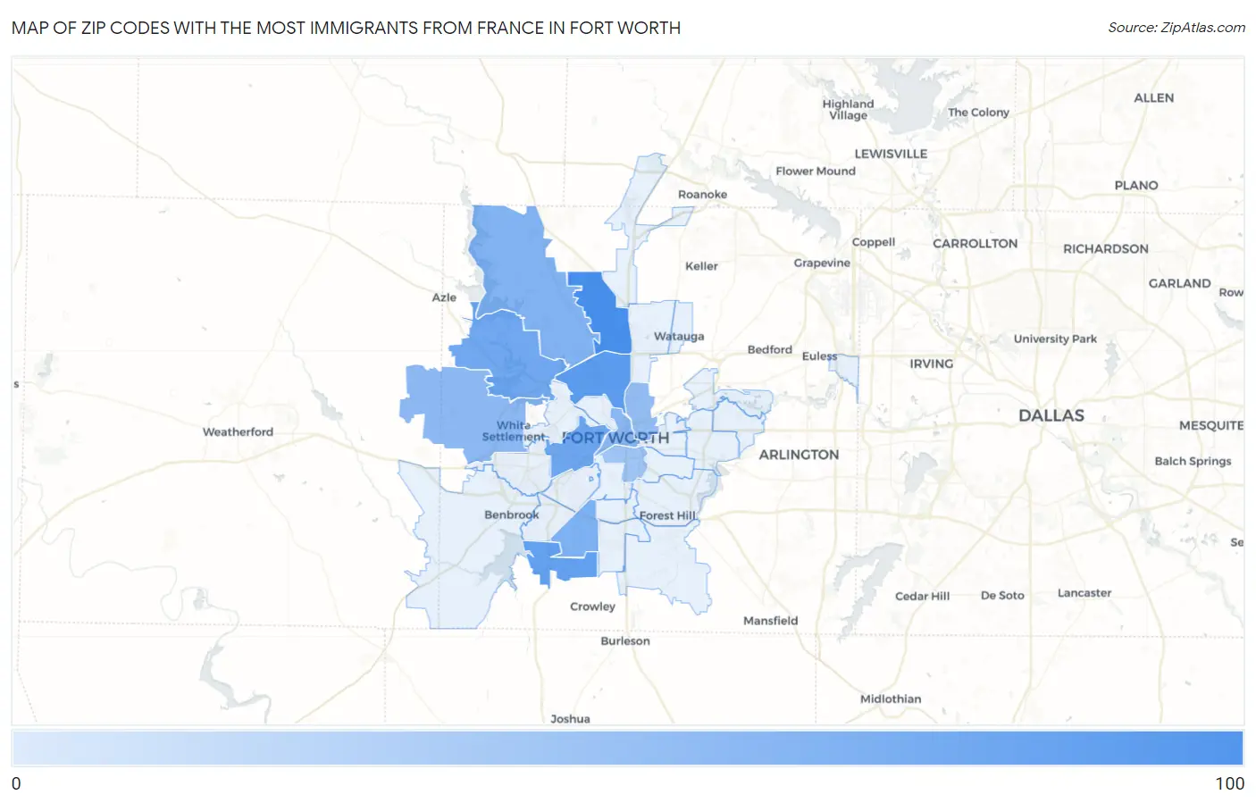 Zip Codes with the Most Immigrants from France in Fort Worth Map