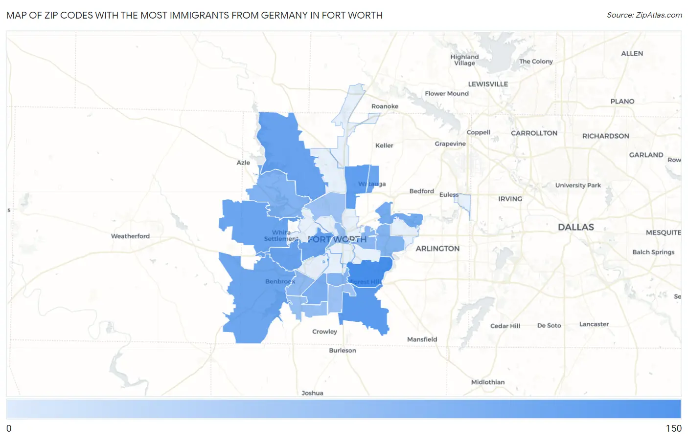 Zip Codes with the Most Immigrants from Germany in Fort Worth Map
