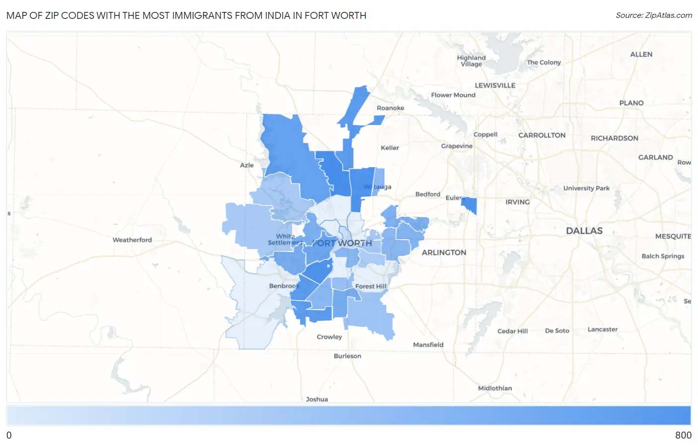 Zip Codes with the Most Immigrants from India in Fort Worth Map