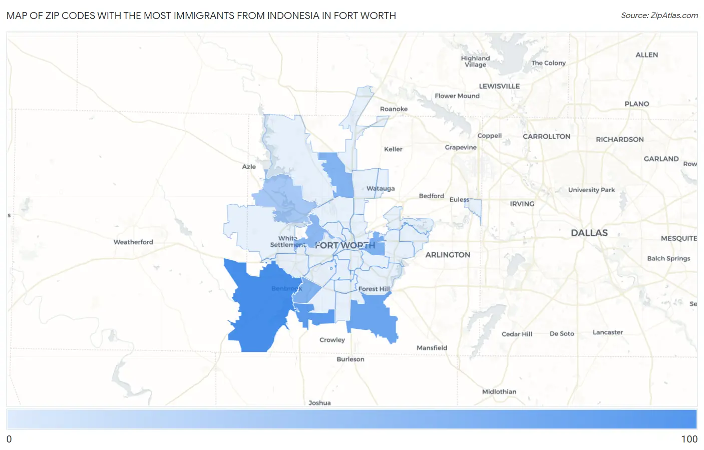 Zip Codes with the Most Immigrants from Indonesia in Fort Worth Map
