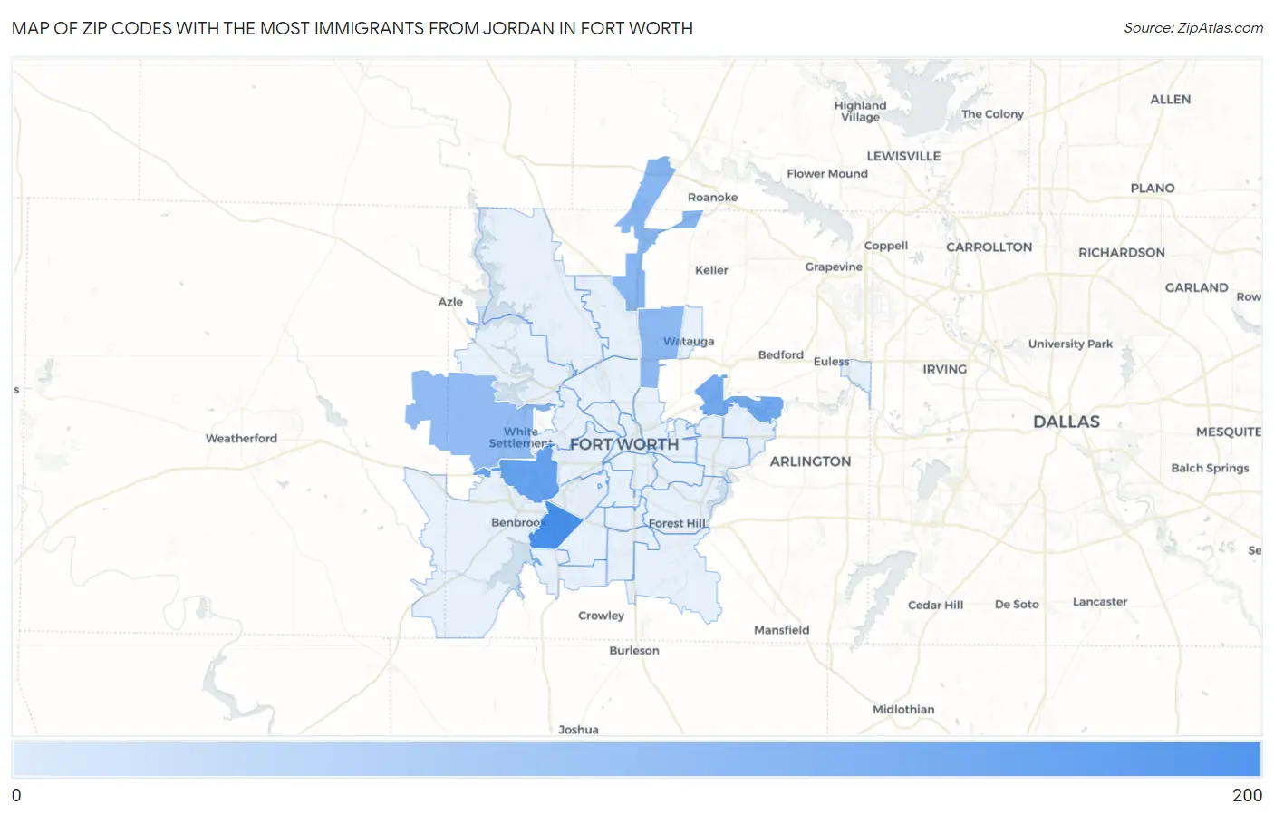 Zip Codes with the Most Immigrants from Jordan in Fort Worth Map