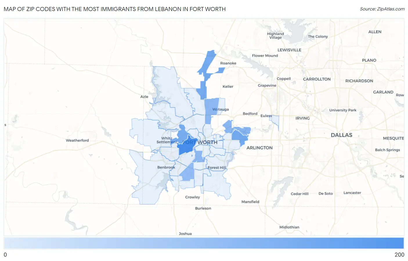 Zip Codes with the Most Immigrants from Lebanon in Fort Worth Map