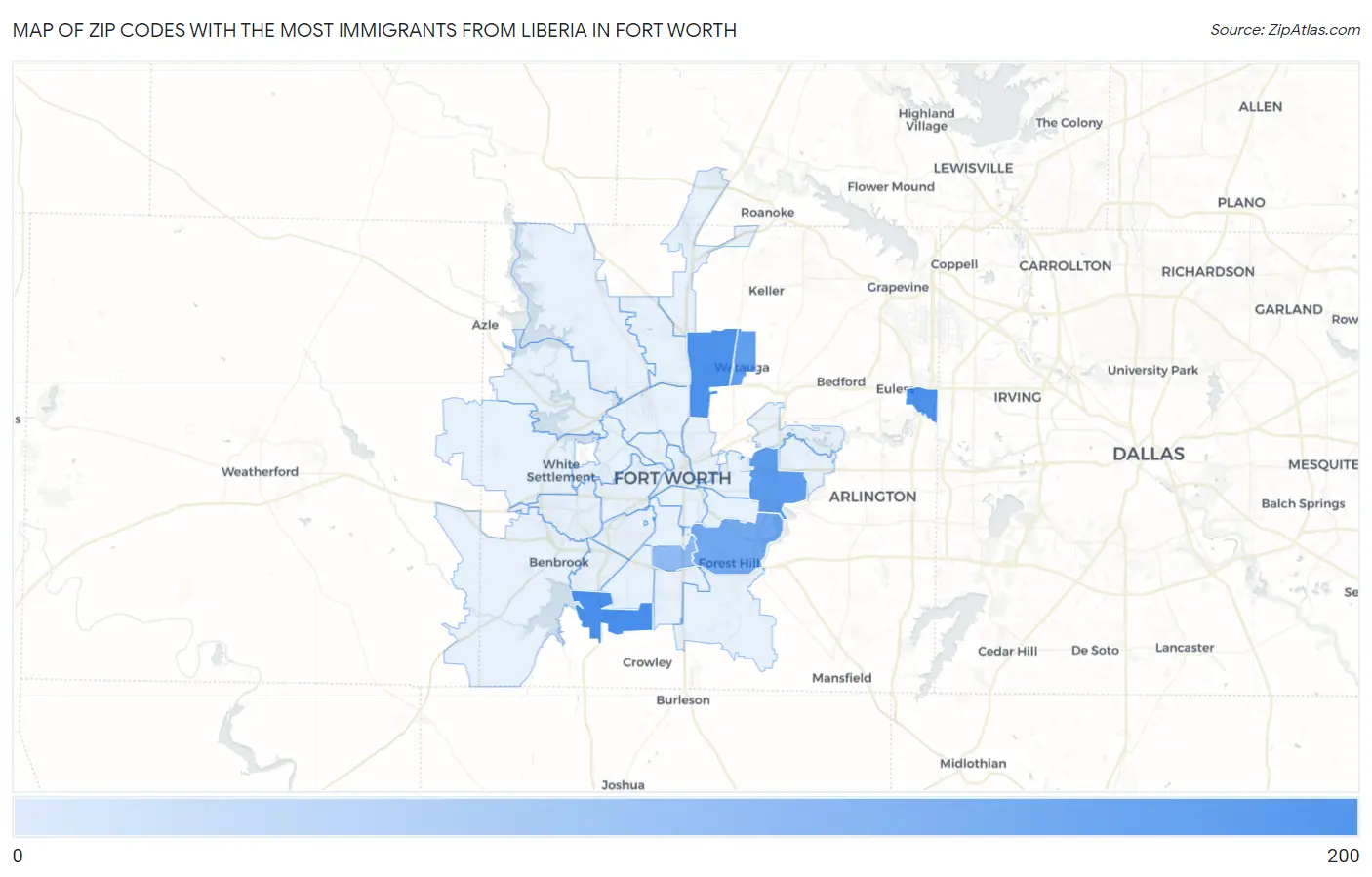 Zip Codes with the Most Immigrants from Liberia in Fort Worth Map