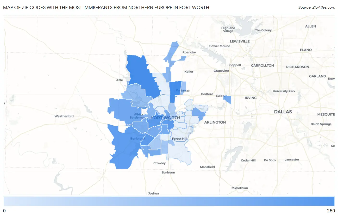 Zip Codes with the Most Immigrants from Northern Europe in Fort Worth Map