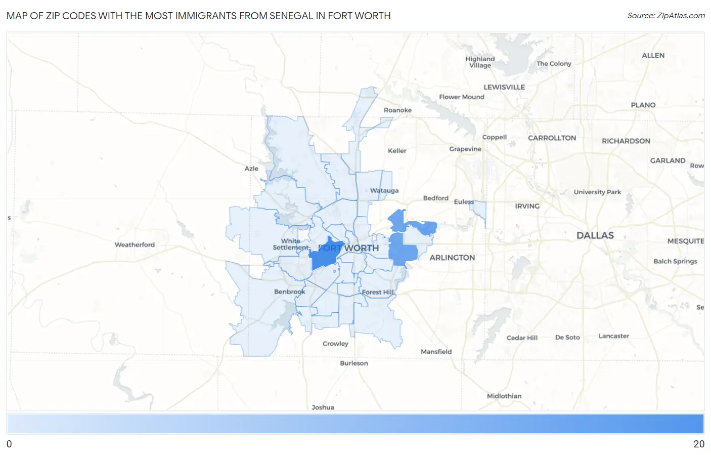 Zip Codes with the Most Immigrants from Senegal in Fort Worth Map