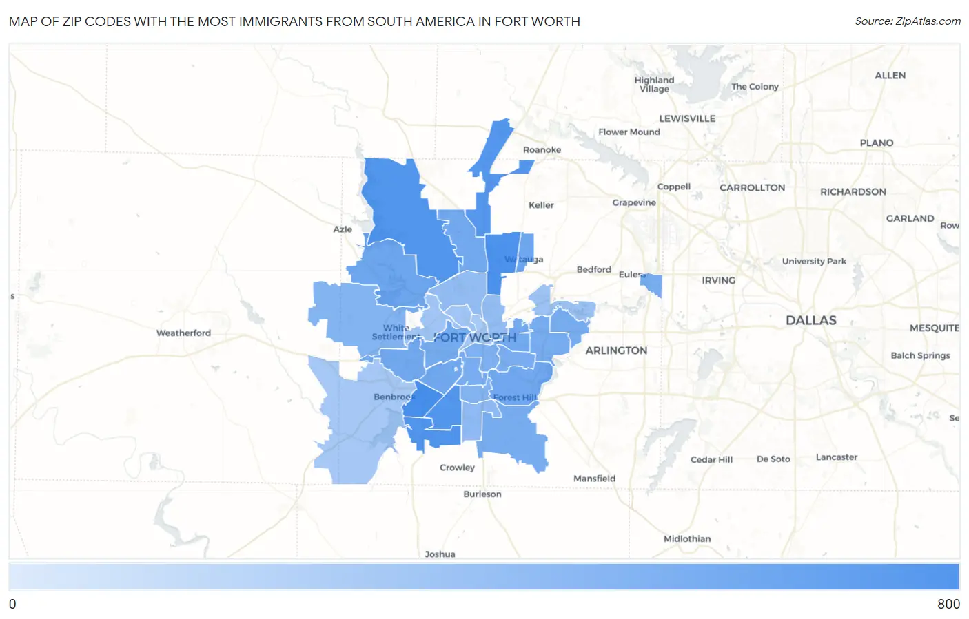 Zip Codes with the Most Immigrants from South America in Fort Worth Map