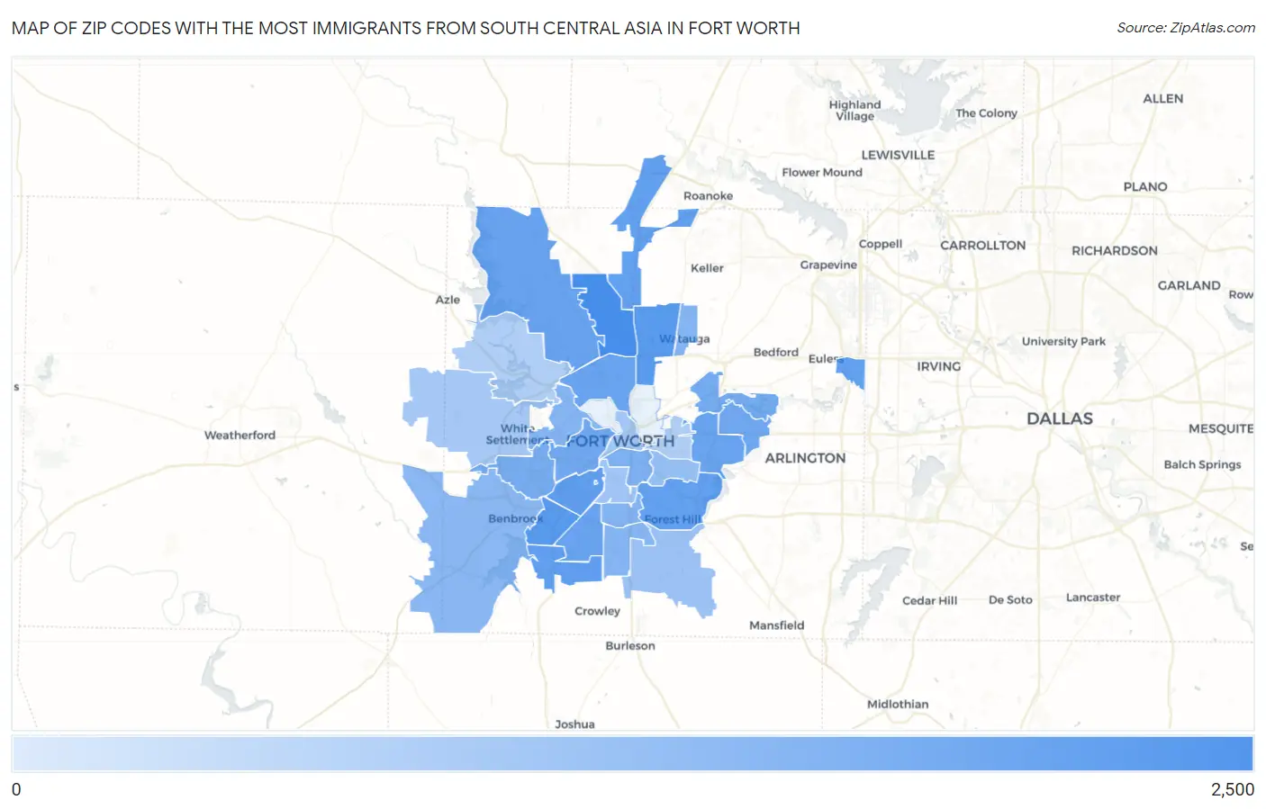 Zip Codes with the Most Immigrants from South Central Asia in Fort Worth Map