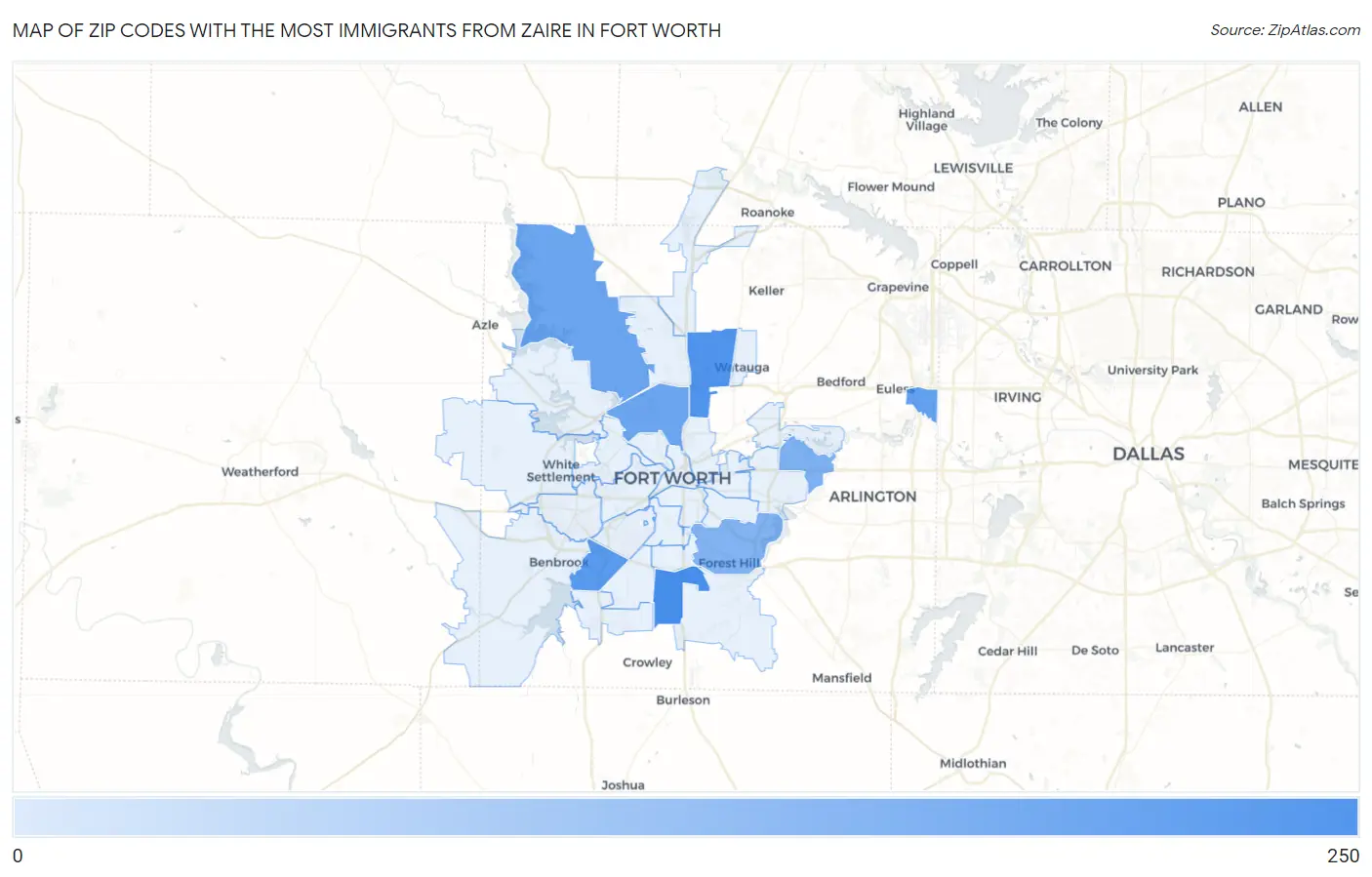 Zip Codes with the Most Immigrants from Zaire in Fort Worth Map