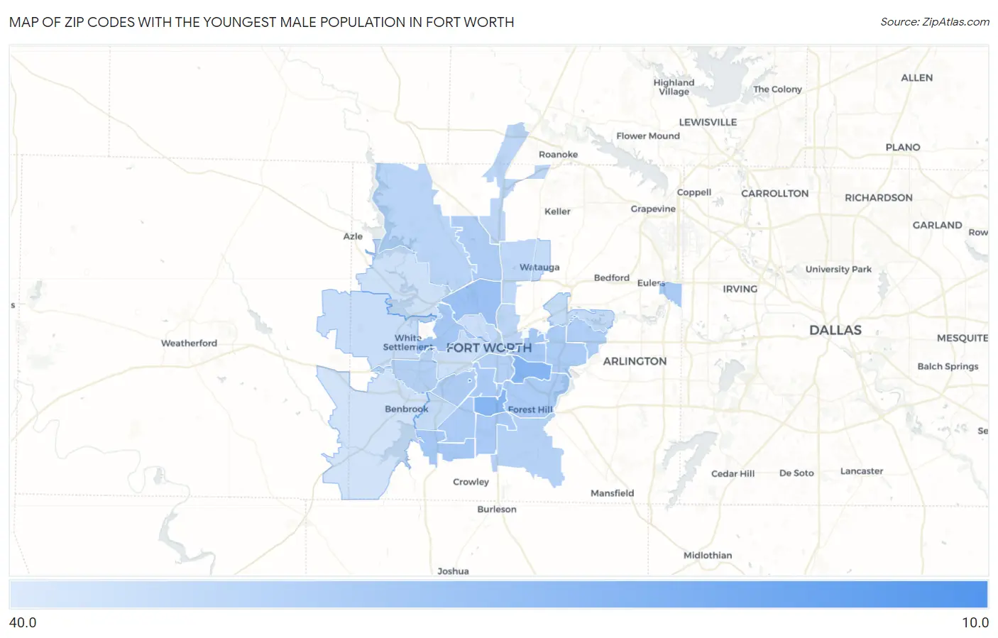 Zip Codes with the Youngest Male Population in Fort Worth Map