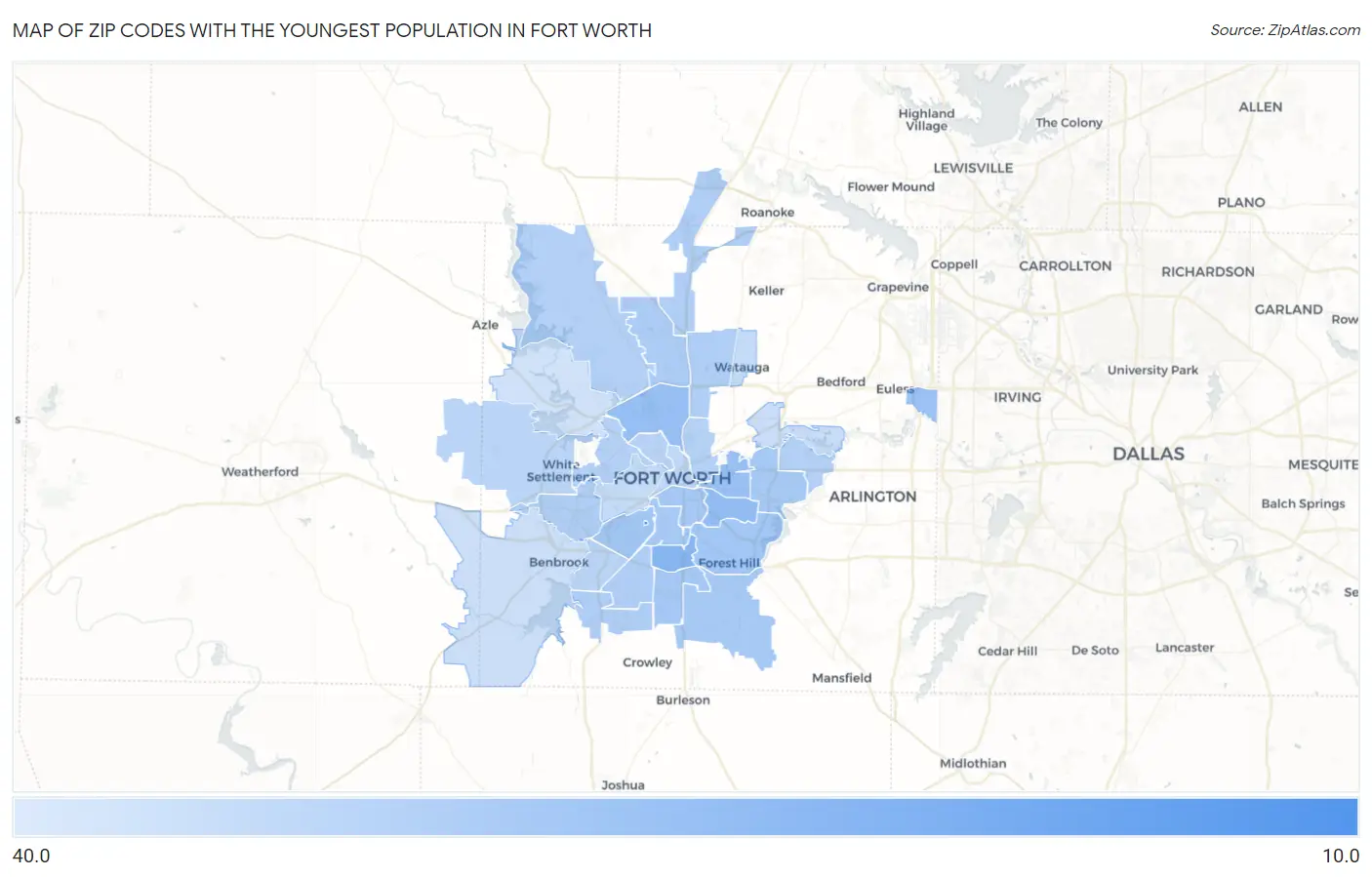 Zip Codes with the Youngest Population in Fort Worth Map