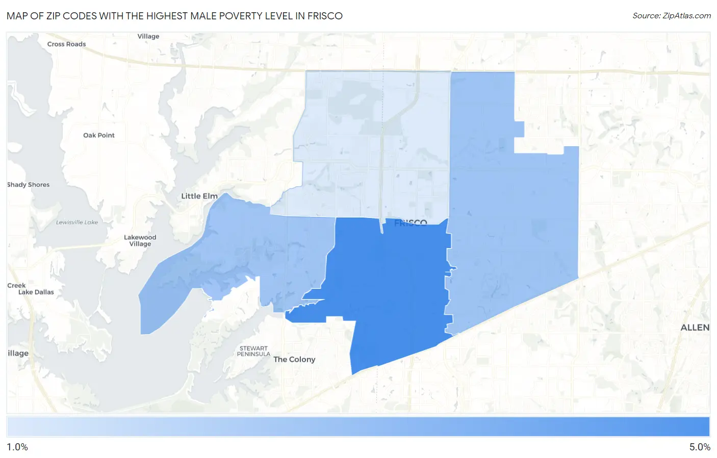 Zip Codes with the Highest Male Poverty Level in Frisco Map