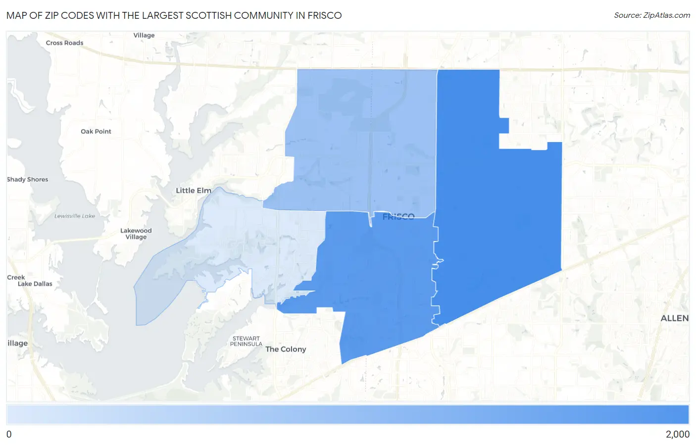 Zip Codes with the Largest Scottish Community in Frisco Map