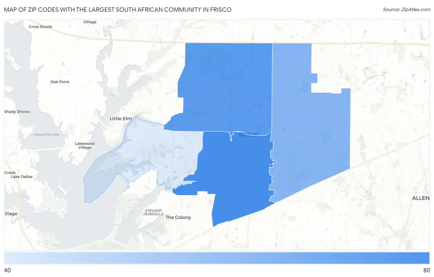 Zip Codes with the Largest South African Community in Frisco Map