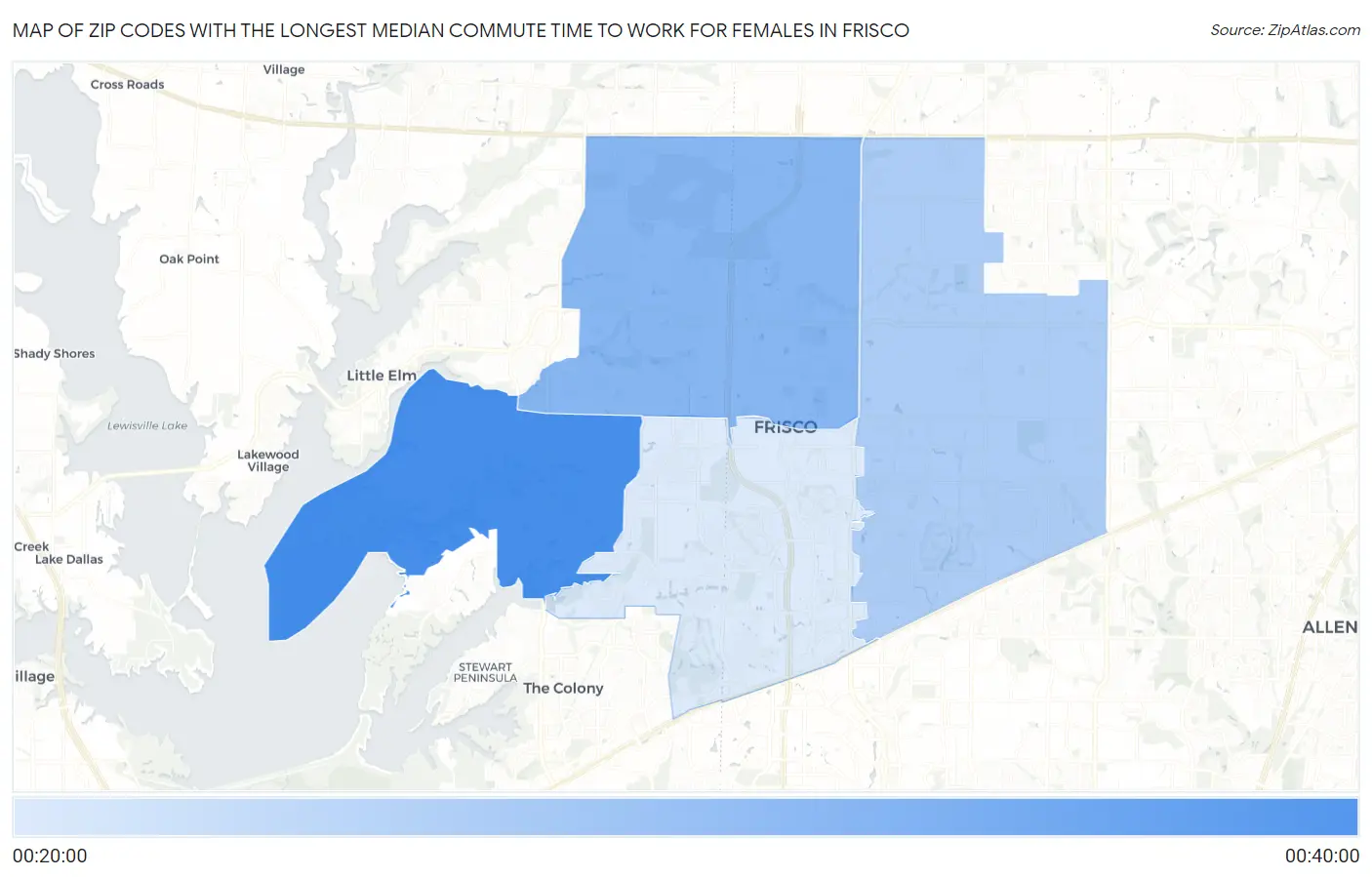 Zip Codes with the Longest Median Commute Time to Work for Females in Frisco Map