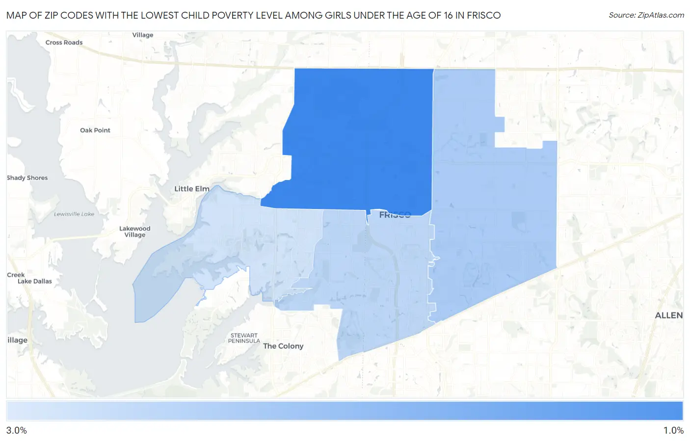 Zip Codes with the Lowest Child Poverty Level Among Girls Under the Age of 16 in Frisco Map