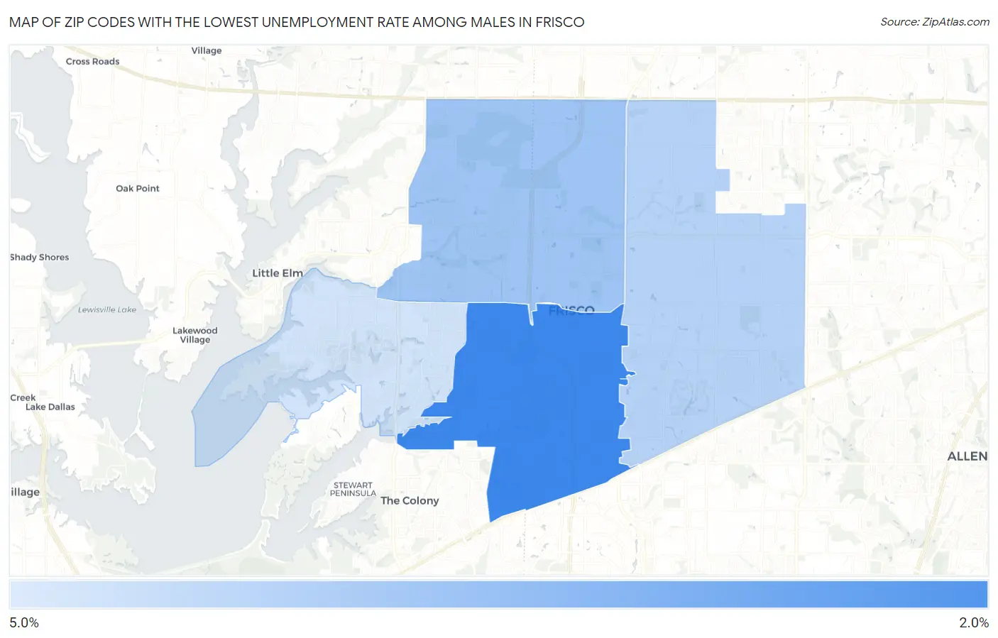 Zip Codes with the Lowest Unemployment Rate Among Males in Frisco Map