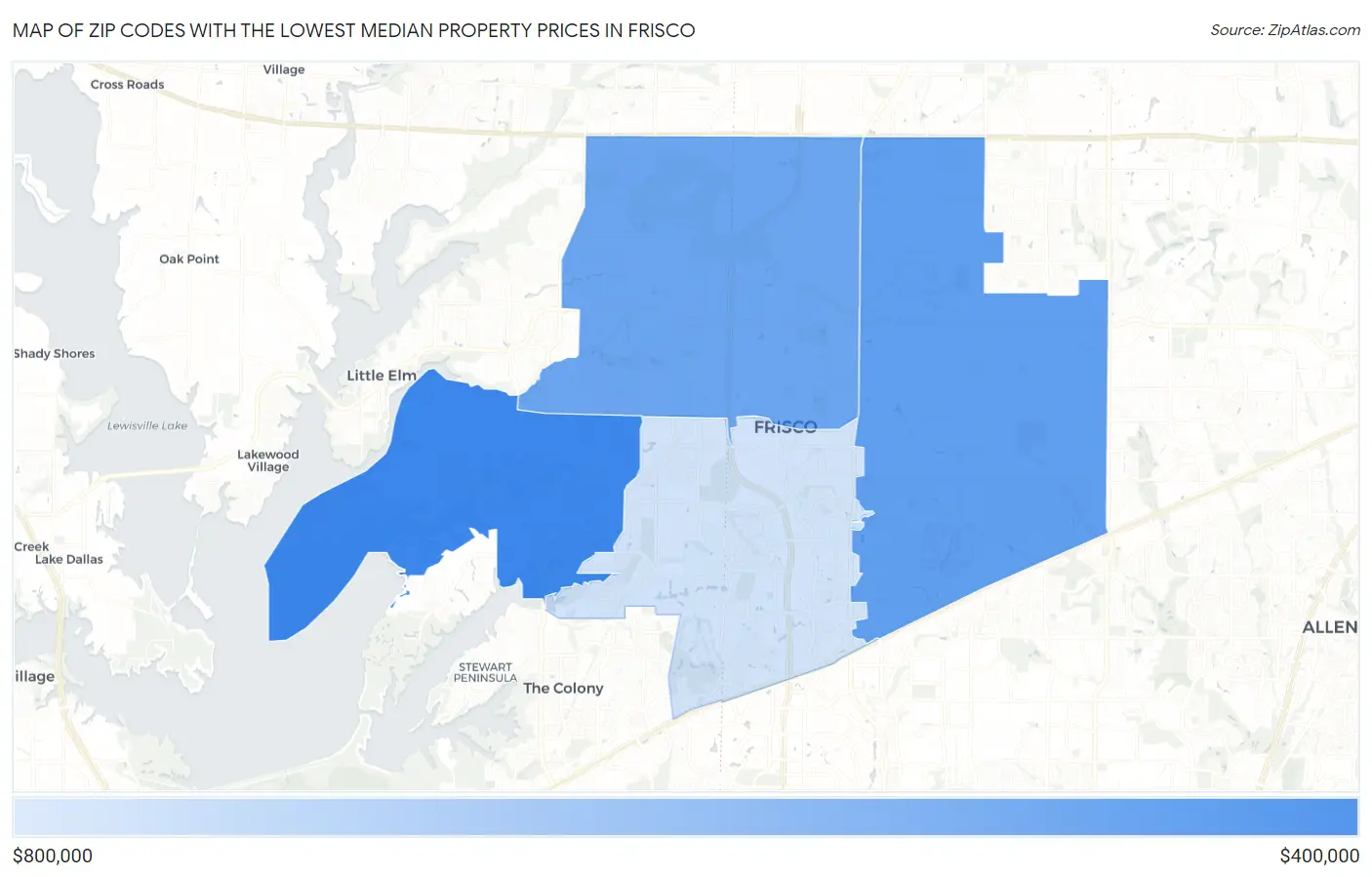Zip Codes with the Lowest Median Property Prices in Frisco Map