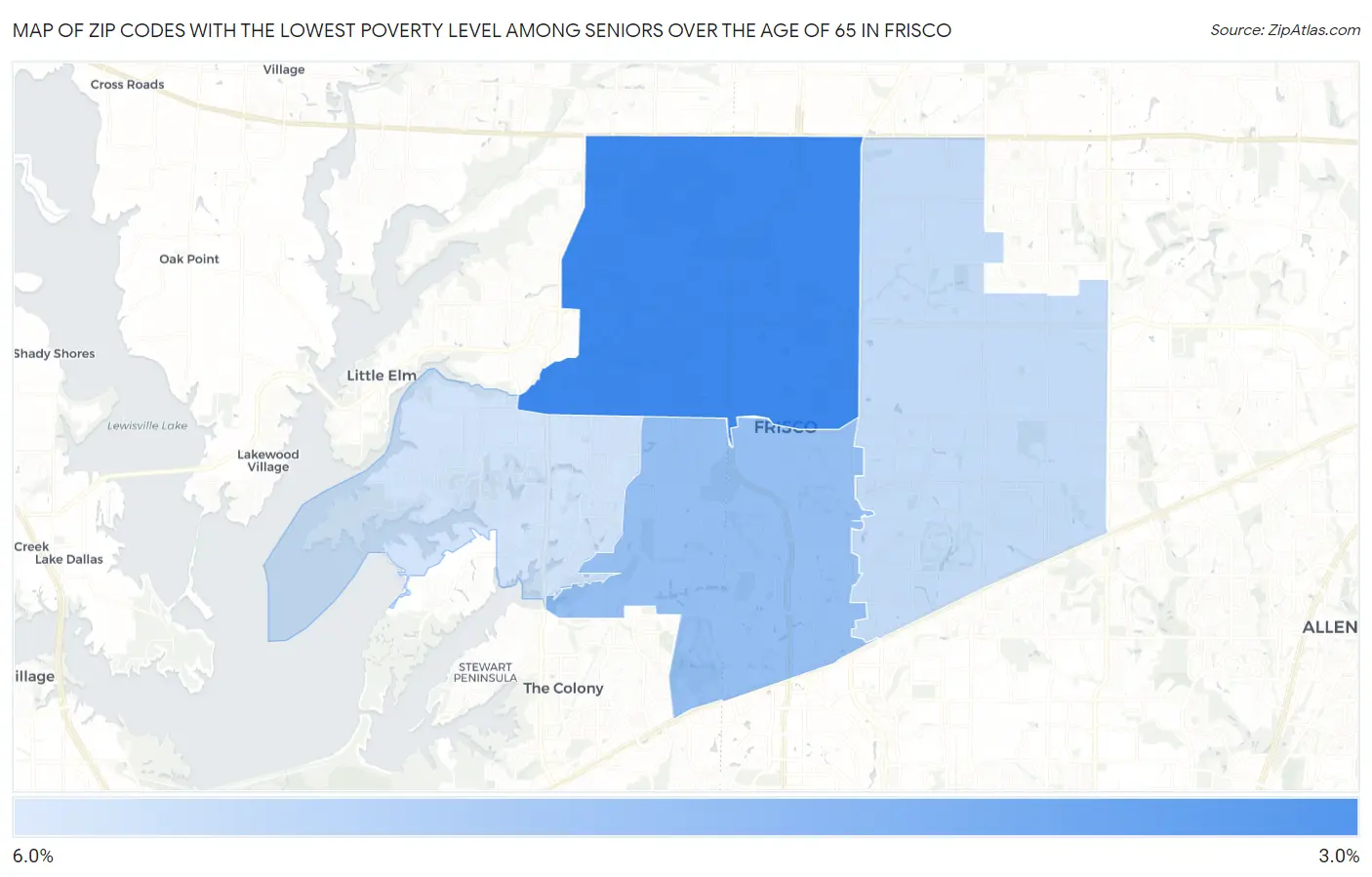Zip Codes with the Lowest Poverty Level Among Seniors Over the Age of 65 in Frisco Map