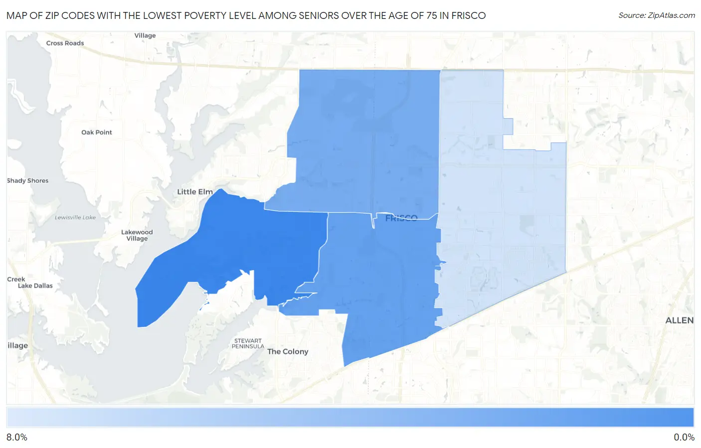 Zip Codes with the Lowest Poverty Level Among Seniors Over the Age of 75 in Frisco Map