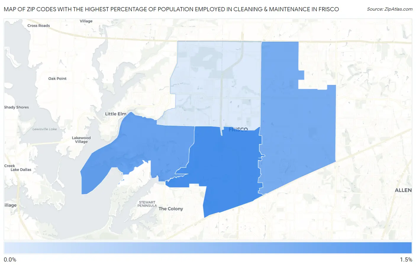 Zip Codes with the Highest Percentage of Population Employed in Cleaning & Maintenance in Frisco Map