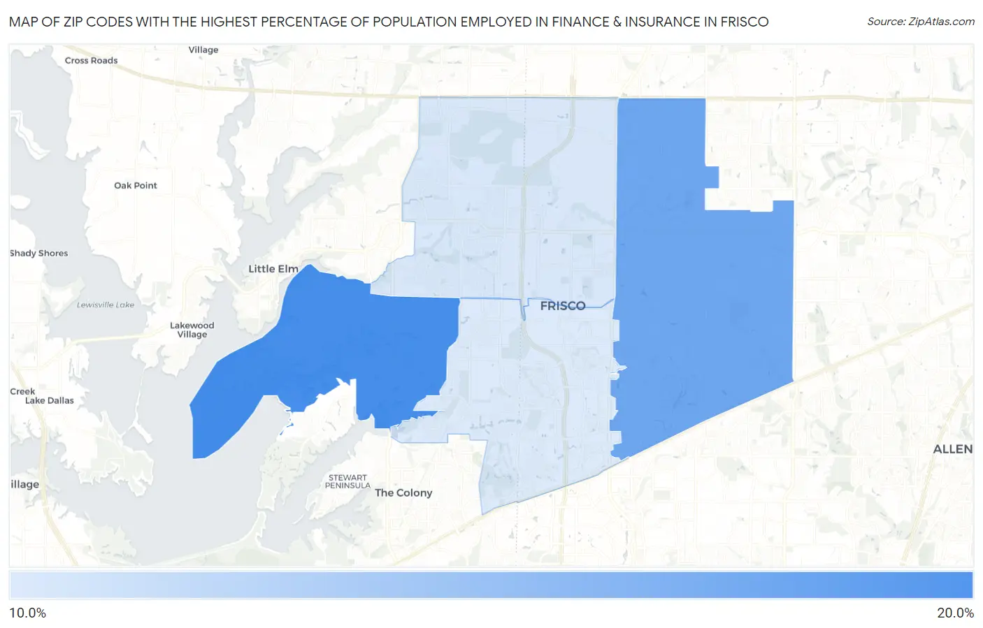 Zip Codes with the Highest Percentage of Population Employed in Finance & Insurance in Frisco Map