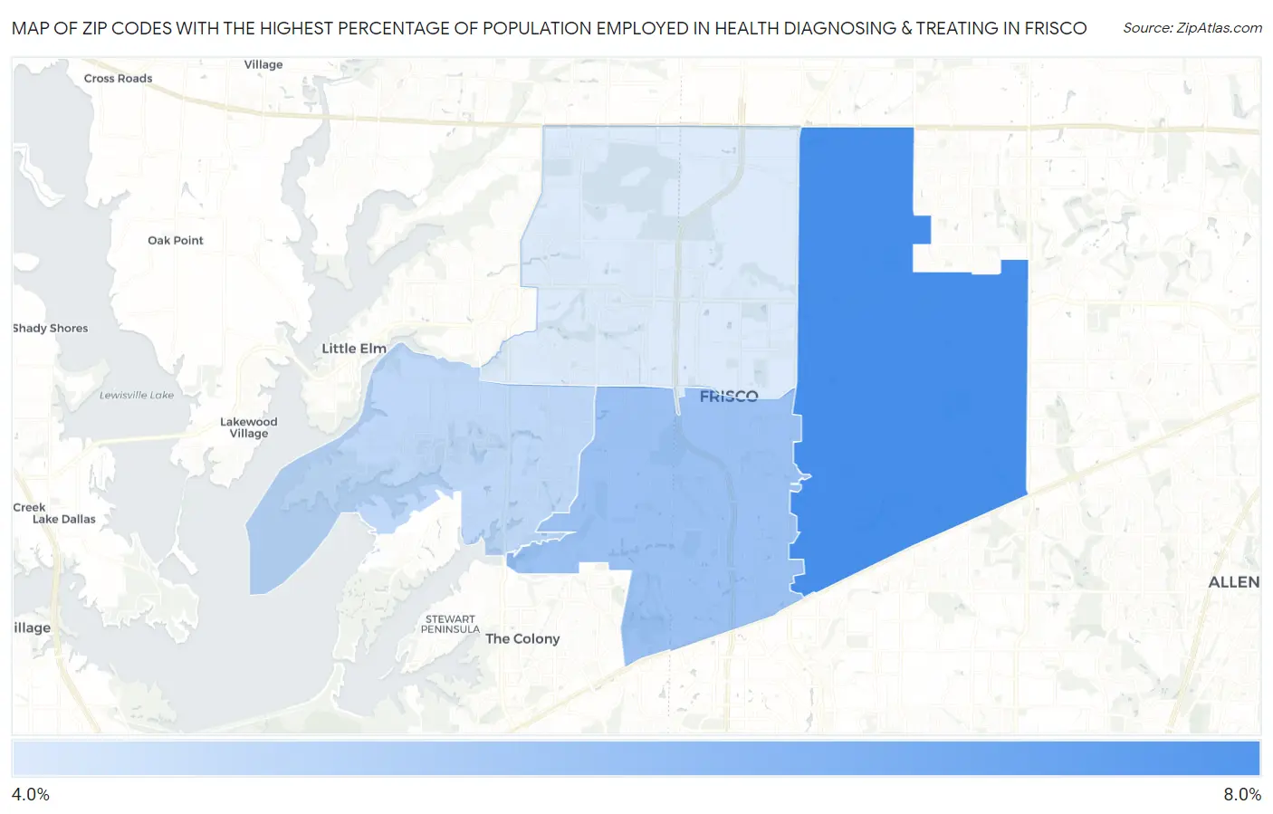 Zip Codes with the Highest Percentage of Population Employed in Health Diagnosing & Treating in Frisco Map