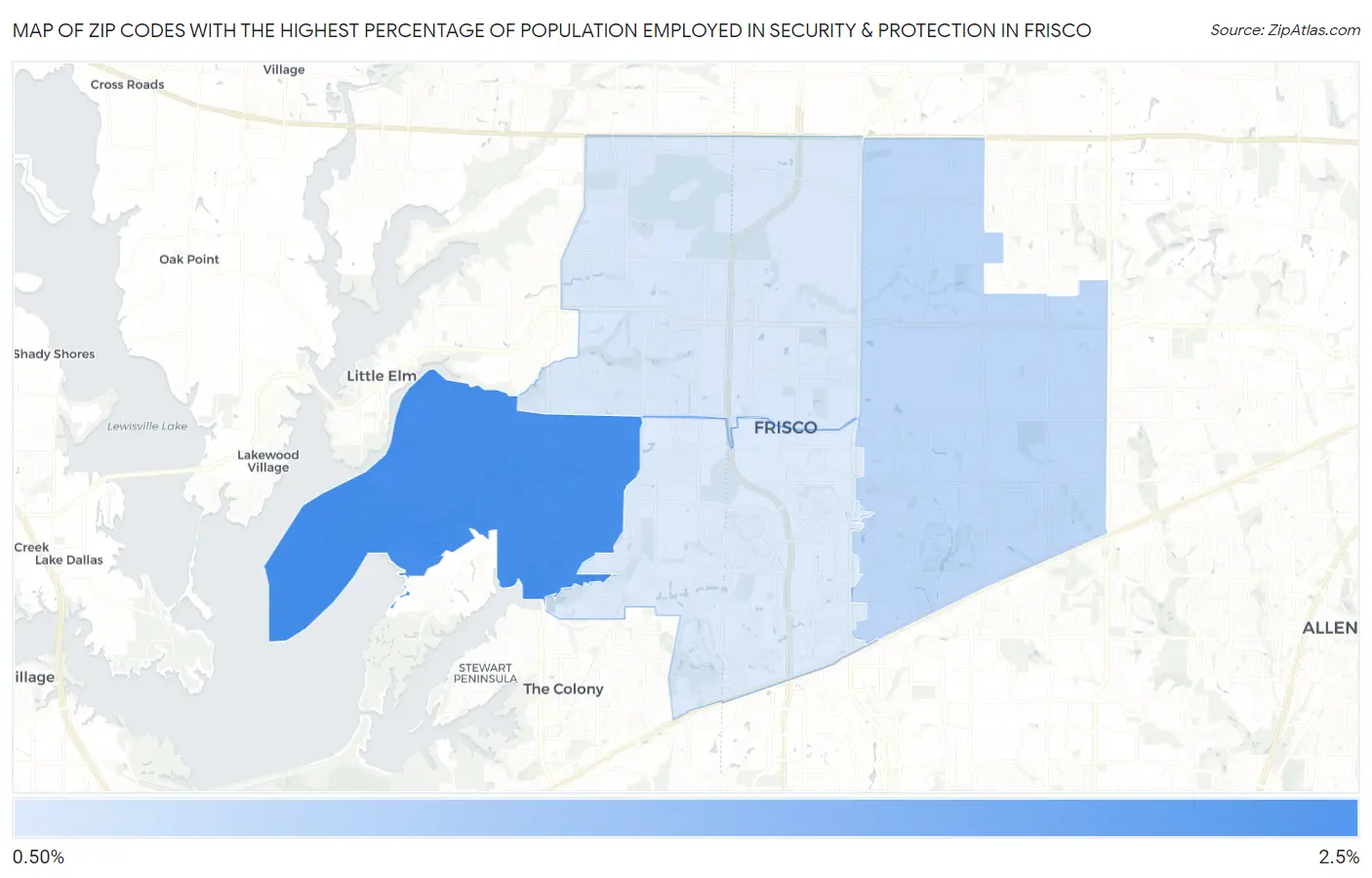 Zip Codes with the Highest Percentage of Population Employed in Security & Protection in Frisco Map