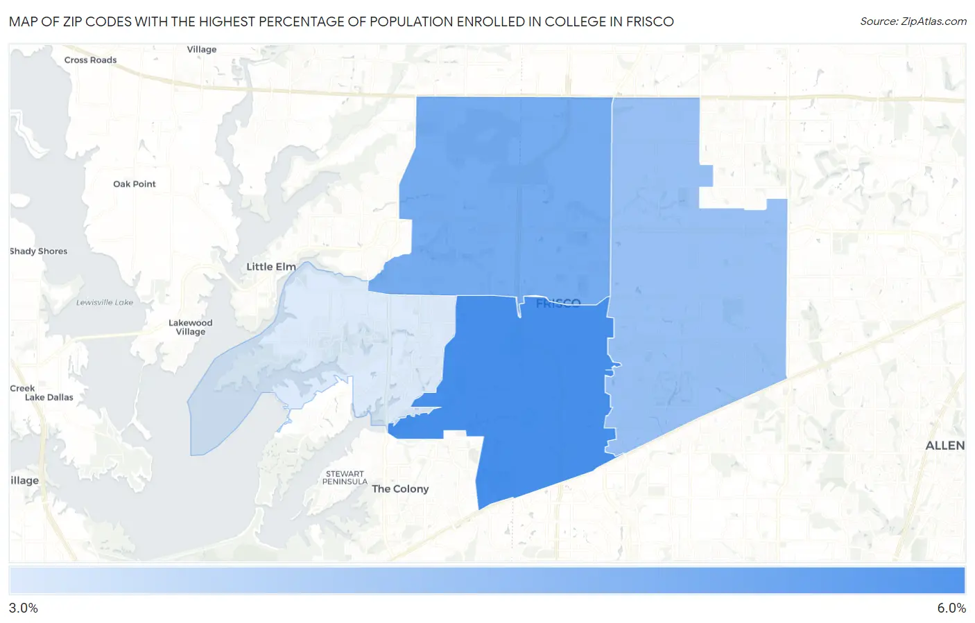 Zip Codes with the Highest Percentage of Population Enrolled in College in Frisco Map