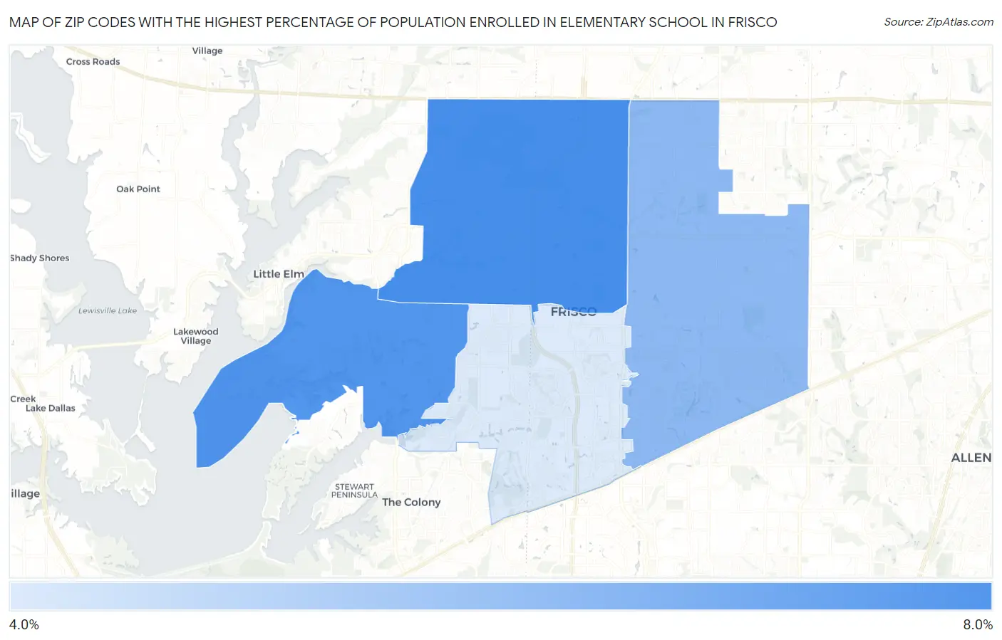 Zip Codes with the Highest Percentage of Population Enrolled in Elementary School in Frisco Map