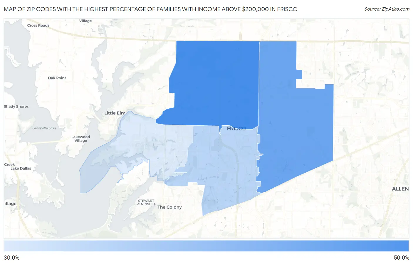 Zip Codes with the Highest Percentage of Families with Income Above $200,000 in Frisco Map