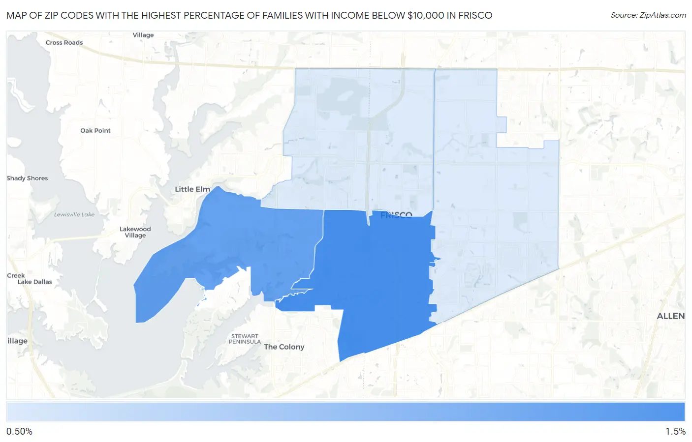 Zip Codes with the Highest Percentage of Families with Income Below $10,000 in Frisco Map