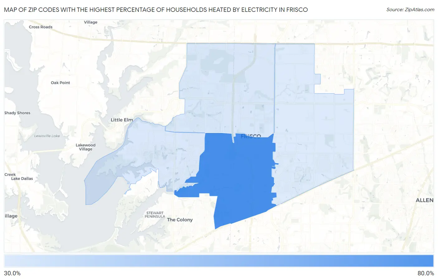 Zip Codes with the Highest Percentage of Households Heated by Electricity in Frisco Map