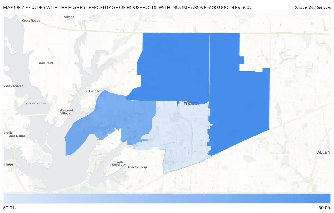Zip Codes with the Highest Percentage of Households with Income Above $100,000 in Frisco Map
