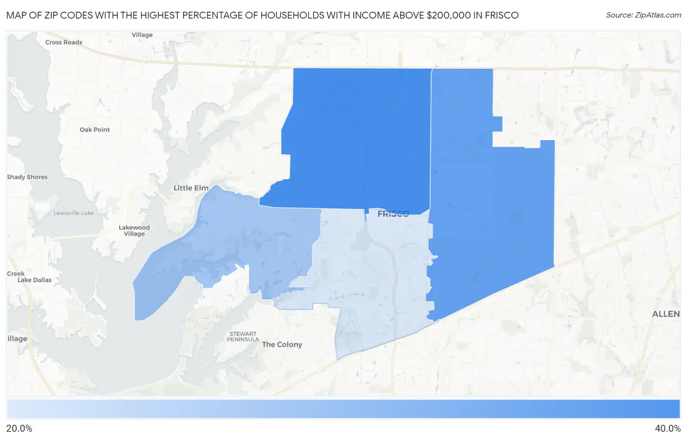 Zip Codes with the Highest Percentage of Households with Income Above $200,000 in Frisco Map