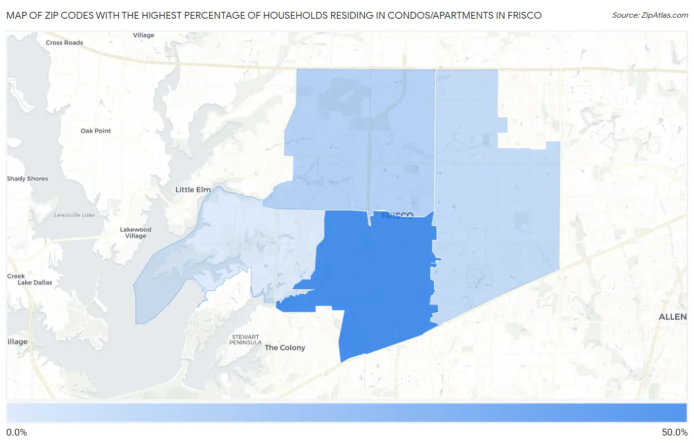 Zip Codes with the Highest Percentage of Households Residing in Condos/Apartments in Frisco Map