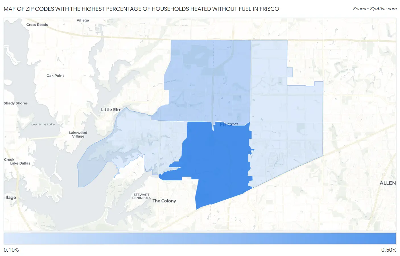 Zip Codes with the Highest Percentage of Households Heated without Fuel in Frisco Map